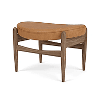 Mid-Century Solid Wood Ottoman with Curved Seat – Walnut Finish & Tan Upholstery Mid-Century Solid Wood Ottoman with Curved Seat – Walnut Finish & Tan Upholstery