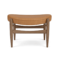 Mid-Century Solid Wood Ottoman with Curved Seat – Walnut Finish & Tan Upholstery Mid-Century Solid Wood Ottoman with Curved Seat – Walnut Finish & Tan Upholstery