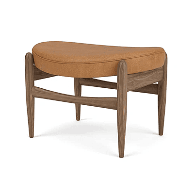Mid-Century Solid Wood Ottoman with Curved Seat – Walnut Finish & Tan Upholstery