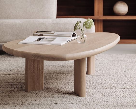 Oval Light Wood Coffee Table Minimalist Natural Oak Center Table