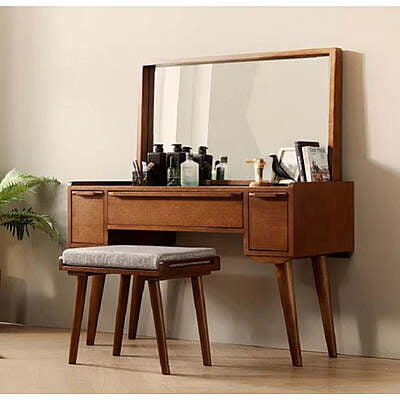 MIA SOLID WOOD MID CENTURY MODERN DRESSING TABLE IN WALNUT STAINED FINISH WITH STOOL
