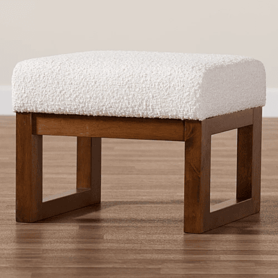 Modern Block Ottoman – Sherpa White & Walnut Finish