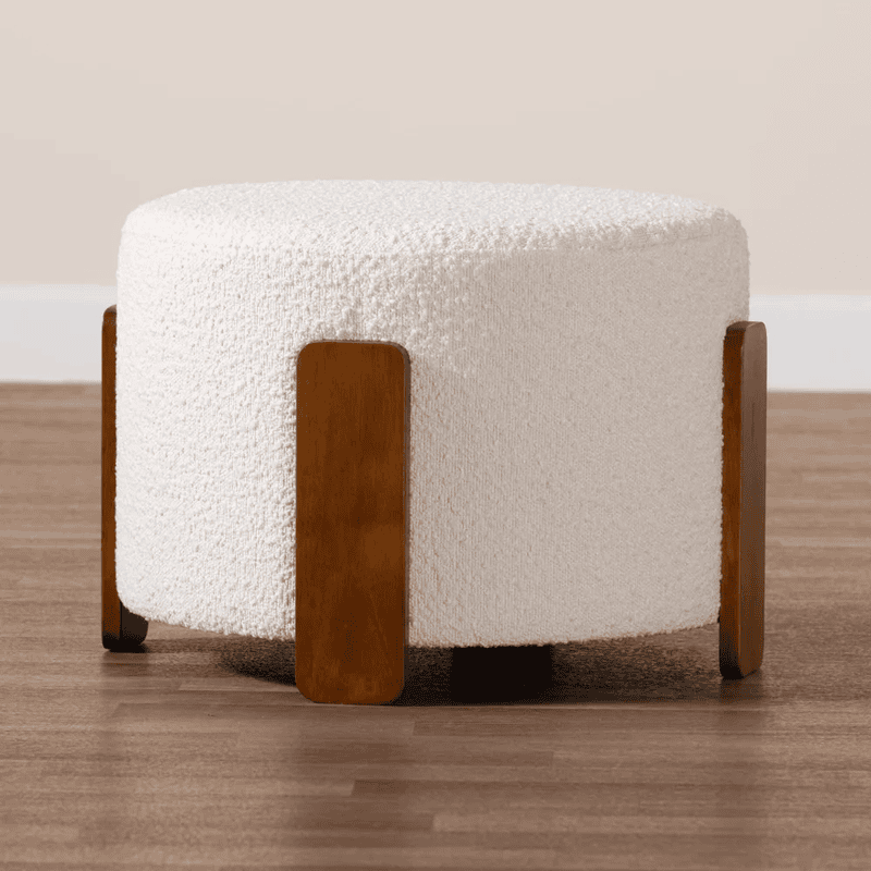 Hudson Low Ottoman – Bouclé Cream with Walnut Legs Hudson Low Ottoman – Bouclé Cream with Walnut Legs