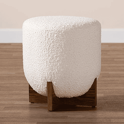 Danube Round Ottoman – Sherpa White with Solid Wood X-Base