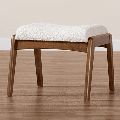 Mid-Century Contour Ottoman – Sherpa White & Walnut Wood