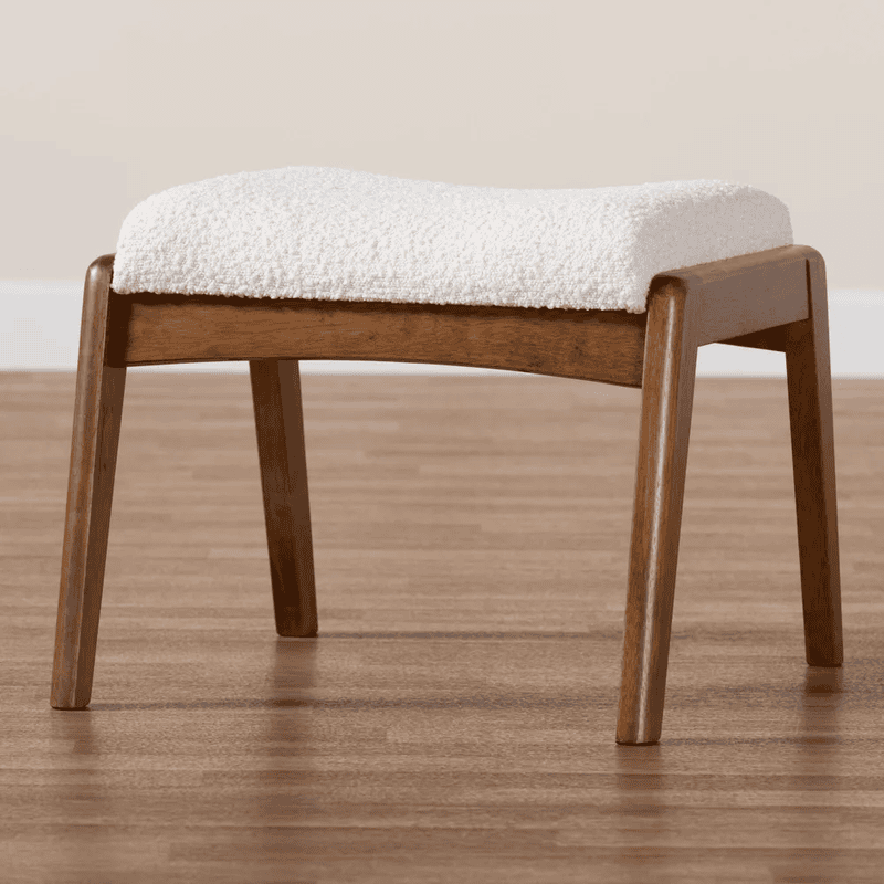 Mid-Century Contour Ottoman – Sherpa White & Walnut Wood Mid-Century Contour Ottoman – Sherpa White & Walnut Wood