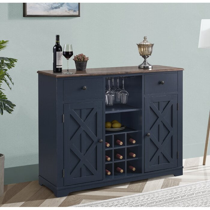 Farmhouse Blue Wine Bar Cabinet Rustic Liquor Storage with Wine Rack  Glass Holder