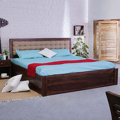 Checkered Solid Sheesham Wood Bed With Storage In Light Walnut - King Size