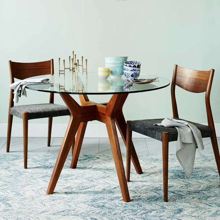 Round Glass Dining Table – Mid-Century 4-Seater with Solid Wood Base