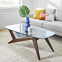 VECTOR COFFEE TABLE WITH SOLID WOOD BASE AND GLASS TOP