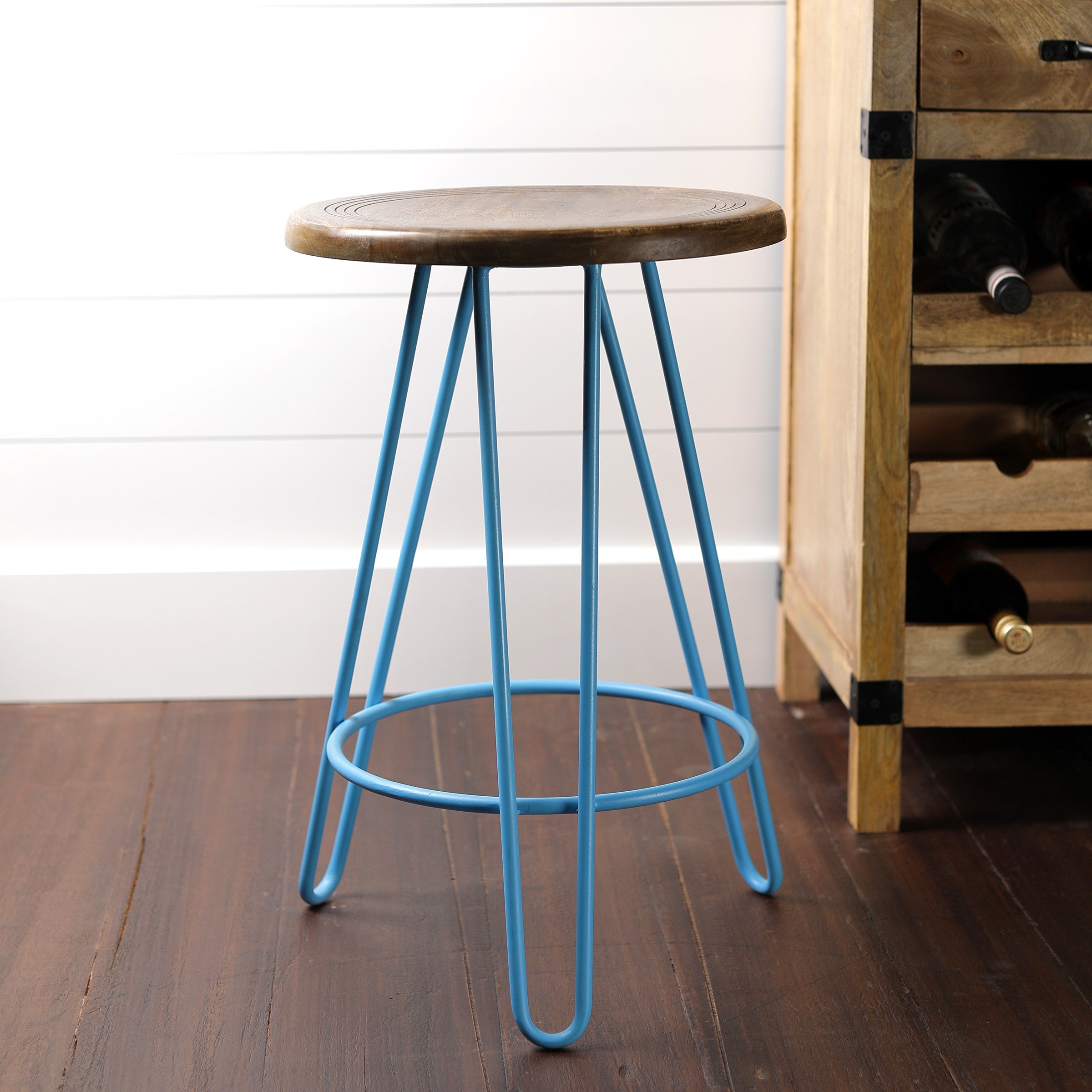 Newyork Bar Stool In Pastel Blue And Wallnut Finish Top