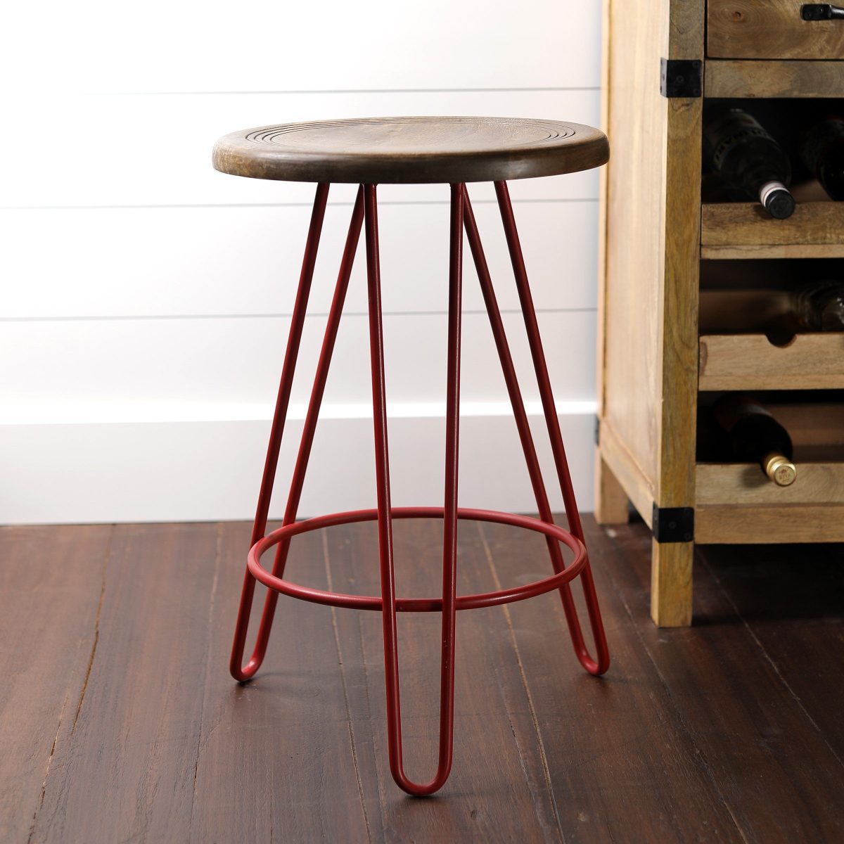 Newyork Bar Stool In Pastel Red And Walnut Finish Top