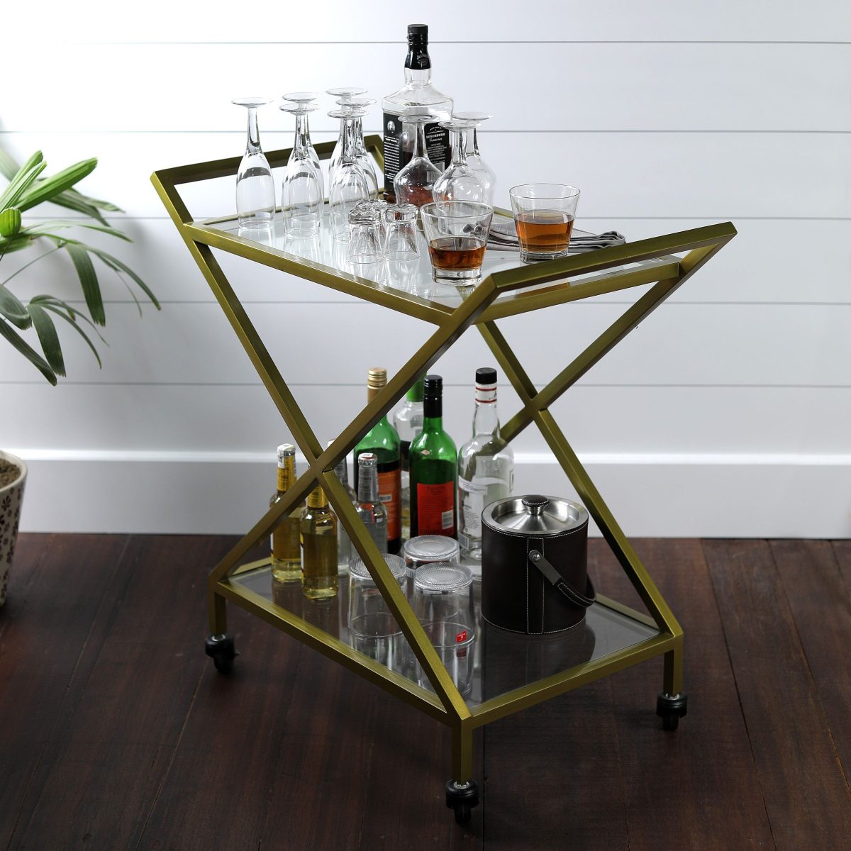 Brass Finish Cross Bar Cart With Clear Glass