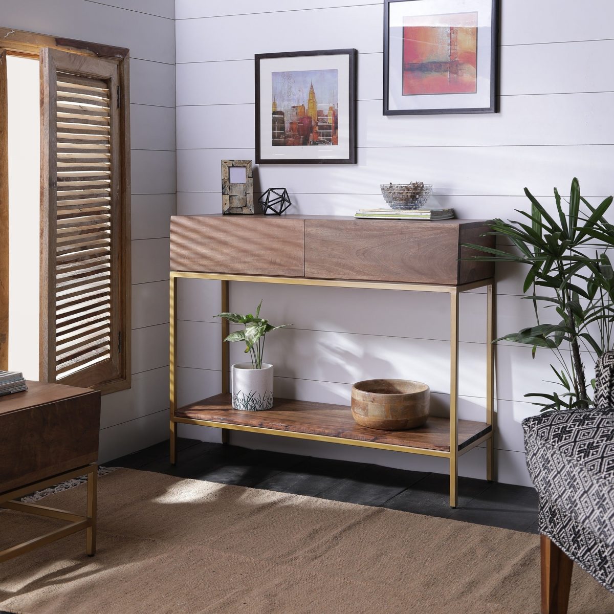 Industrial Style Console Table In Golden Finish