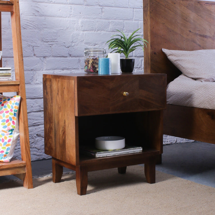 Mid Century Heringbon Bedside Table In Light Wallnut