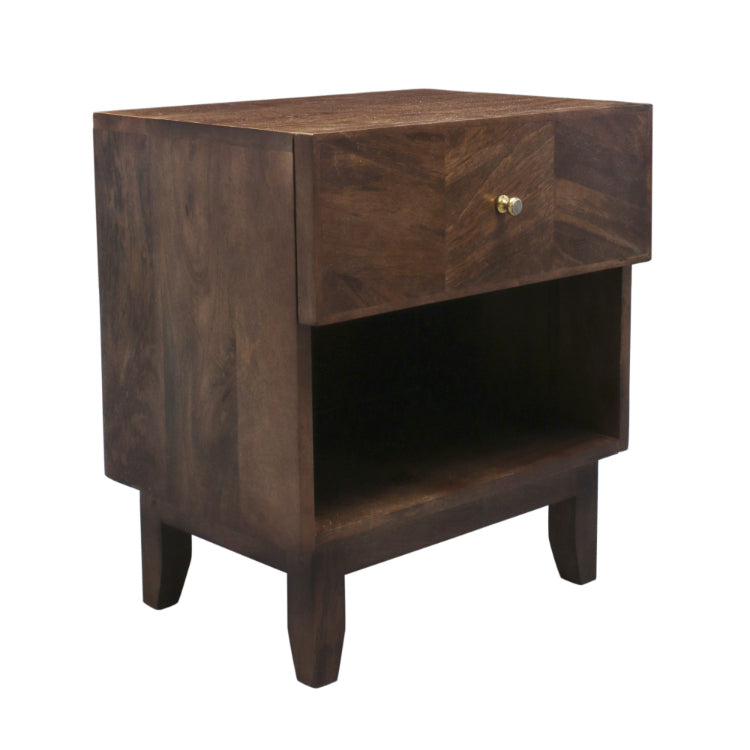 Mid Century Heringbon Bedside Table In Light Wallnut