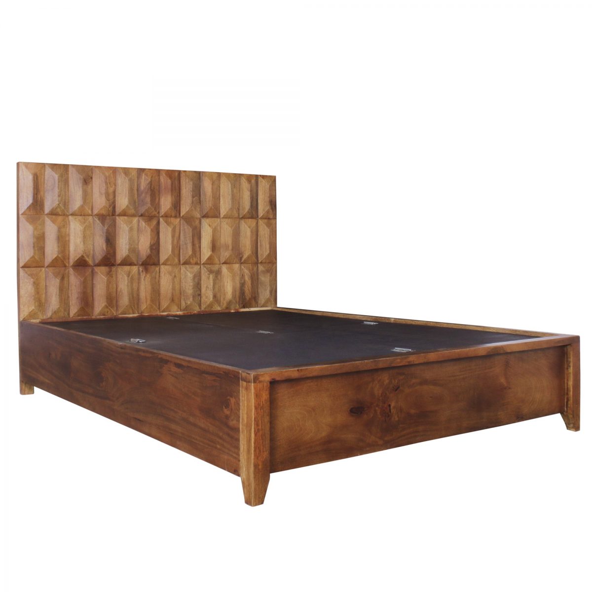 Mid Century Style Geometric Pattern Solid Wood Bed With Storage In Light Walnut - King Size