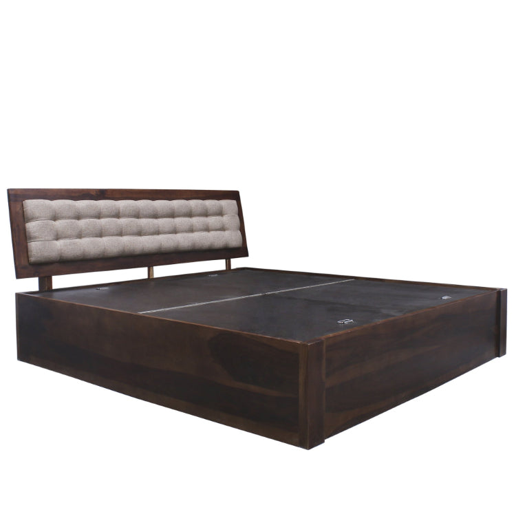 Quilted Upholstered Back Solid Sheesham Wood Bed With Storage In Dark Walnut - King Size