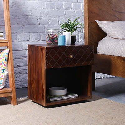 Checkered Pattern Solid Sheesham Wood Bedside Table In Light Wallnut